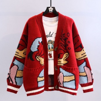 Custom Duck Japanese cartoon sweater coat women winter 2022 new lazy wind loose versatile thickened knitted cardigan